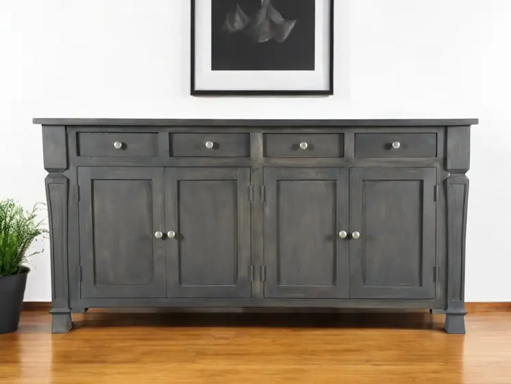 72" Dark Gray Solid Wood Four Drawer Sideboard with Four Doors
