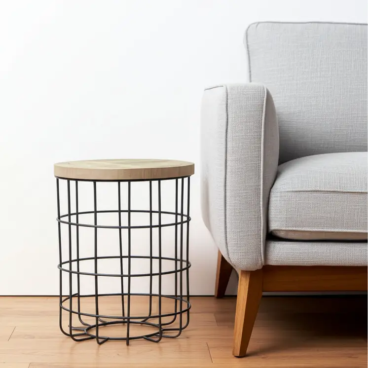 24" Natural and Black Solid Wood and Iron Round Frame End Table
