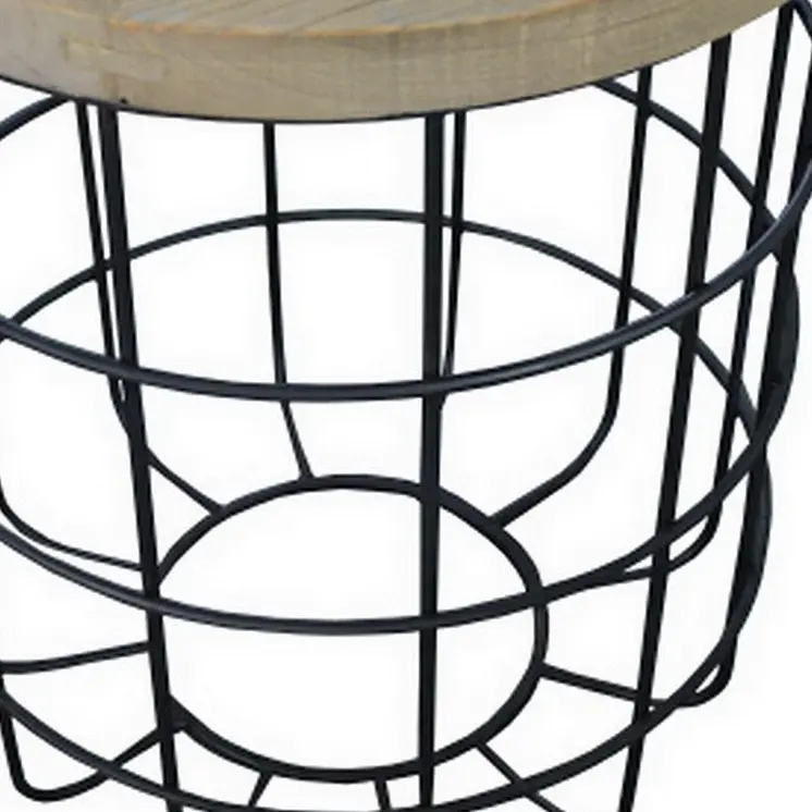 24" Natural and Black Solid Wood and Iron Round Frame End Table