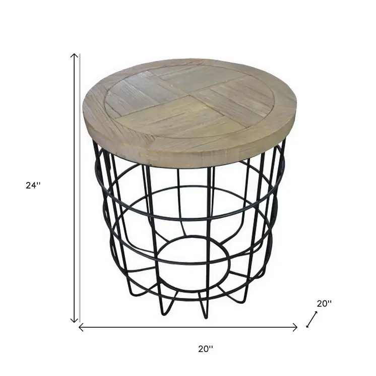 24" Natural and Black Solid Wood and Iron Round Frame End Table