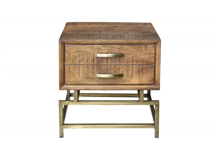 21" Brass And Brown Solid Wood And Iron Square End Table With Drawer