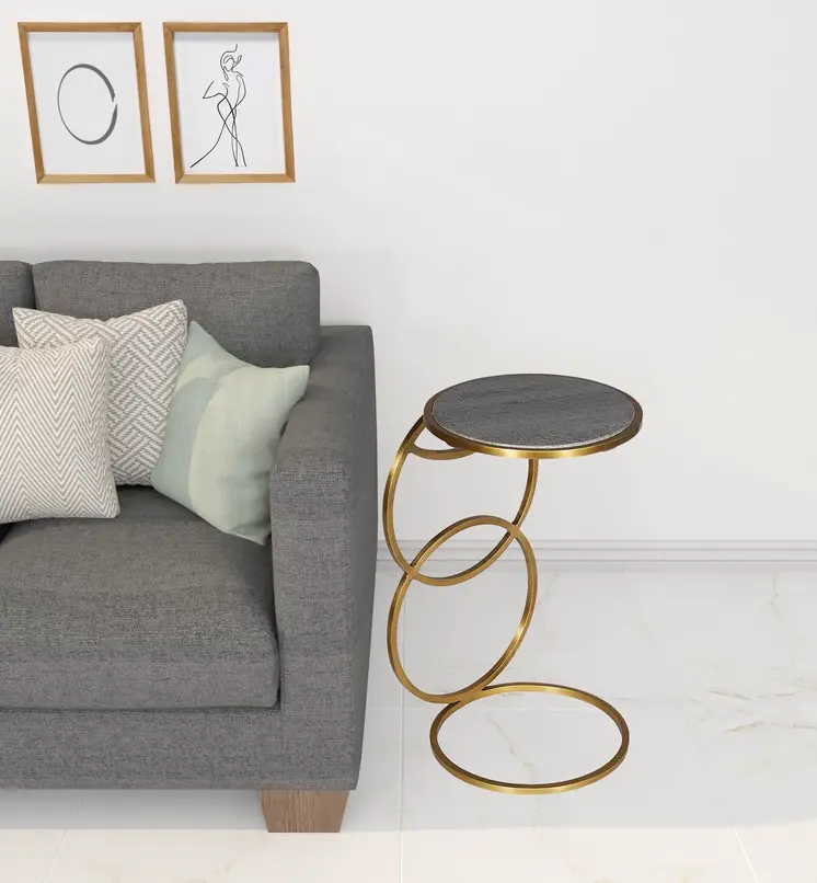 21" Gold And Gray Marble And Iron Round End Table