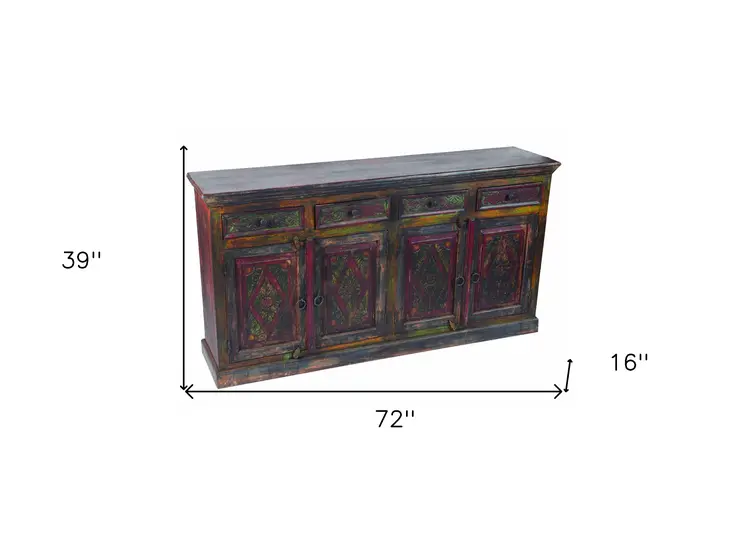 72" Dark Brown and Green Solid Wood Four Drawer Sideboard with Four Doors