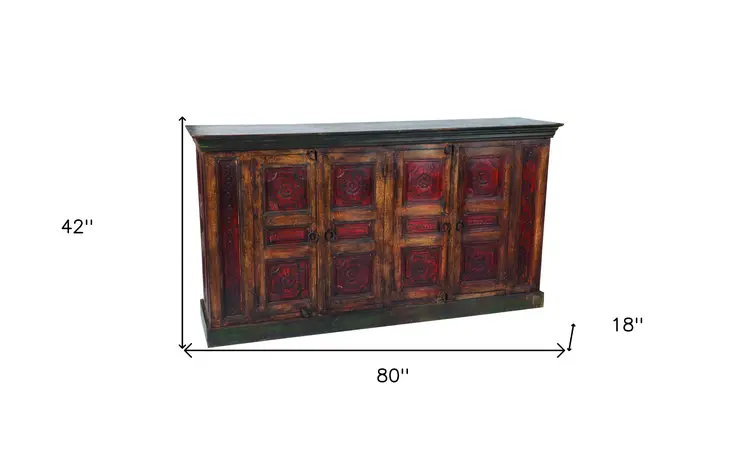 80" Brown and Black Solid Wood Buffet Table with Four Doors