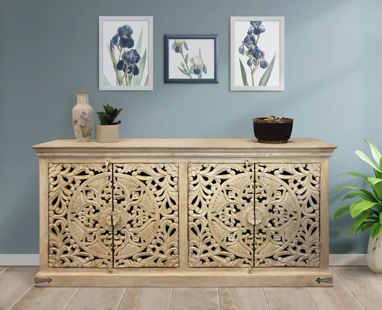 71" Beige Distressed Solid Wood Carved Scrollwork Sideboard with Four Doors