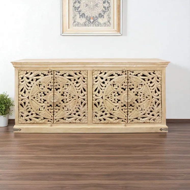 71" Beige Distressed Solid Wood Carved Scrollwork Sideboard with Four Doors
