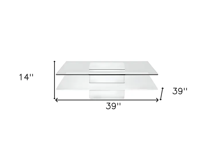 39" Clear and White Glass And Wood Square Pedestal Coffee Table With Shelf