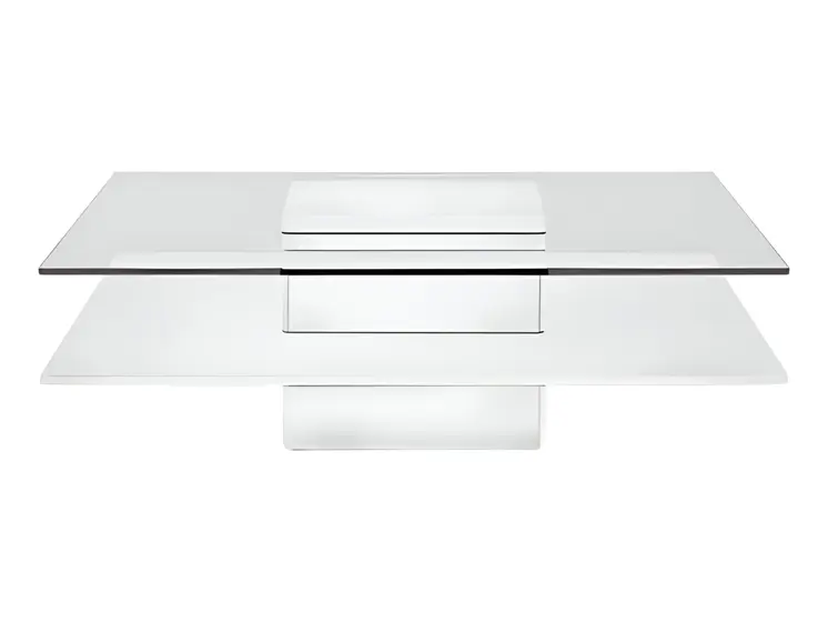 39" Clear and White Glass And Wood Square Pedestal Coffee Table With Shelf