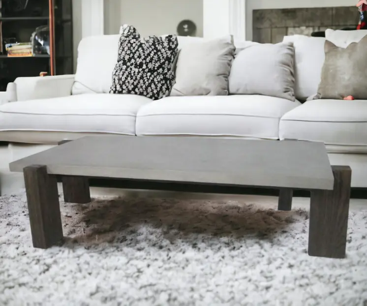 33" Dark Gray and Brown Concrete And Solid Wood Coffee Table