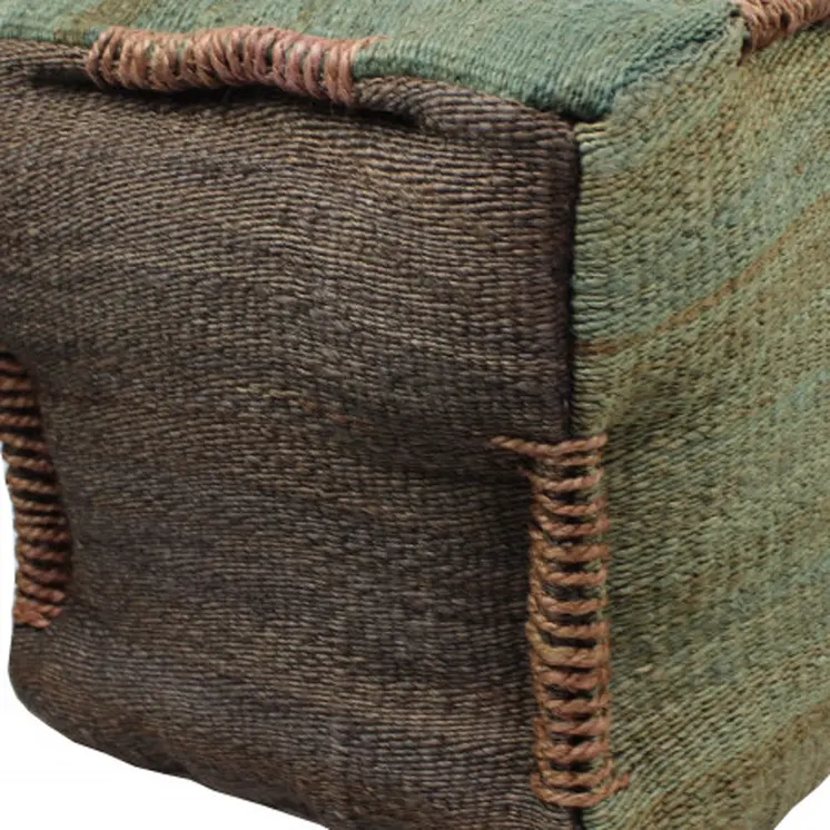 18" Green and Brown Jute Cube Pouf Ottoman