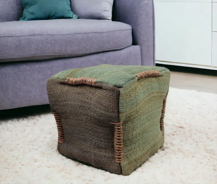18" Green and Brown Jute Cube Pouf Ottoman