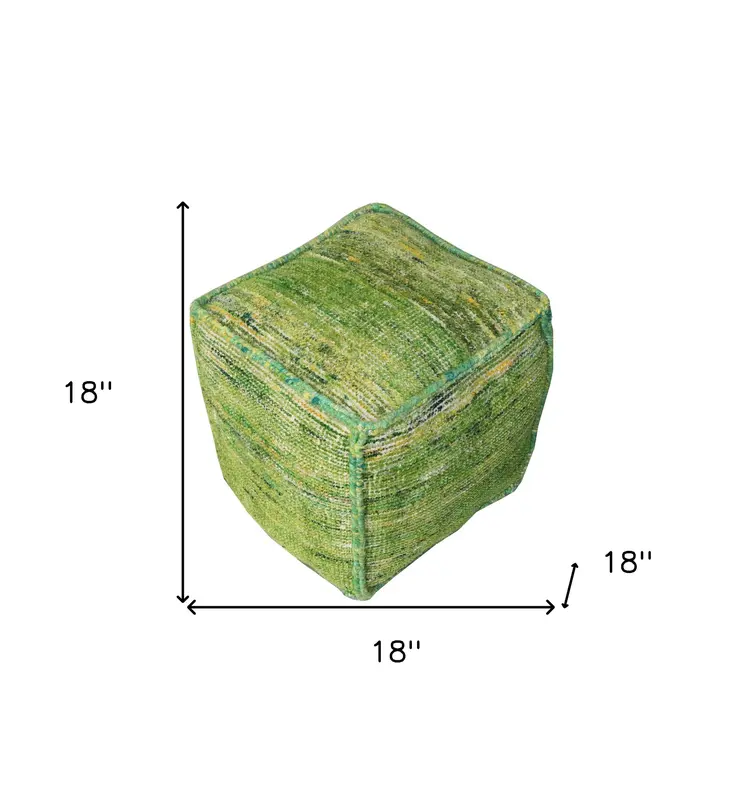 18" Green Recycled Silk and Cotton Blend Cube Pouf Ottoman