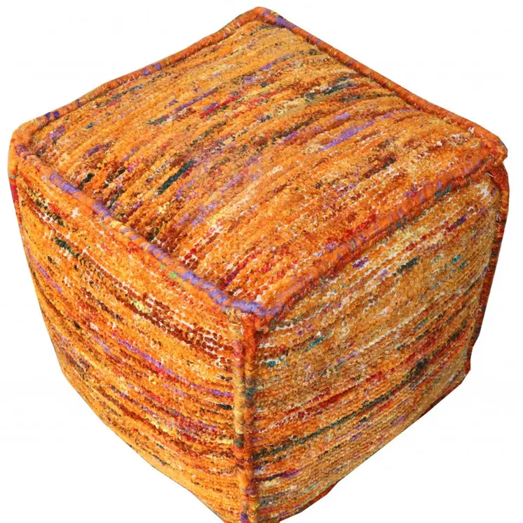 18" Orange Recycled Silk and Cotton Blend Cube Pouf Ottoman