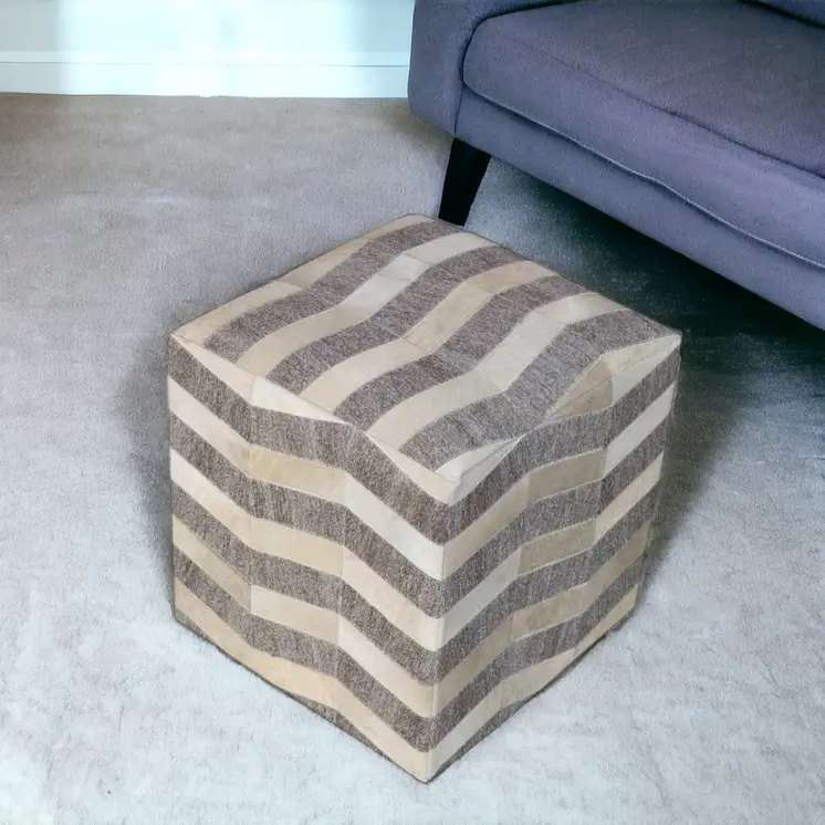 18" Gray and Beige Hair on Hide Cube Chevron Pouf Ottoman