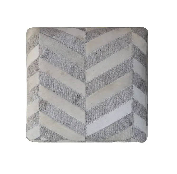 18" Gray and Ivory Hair on Hide Cube Chevron Pouf Ottoman