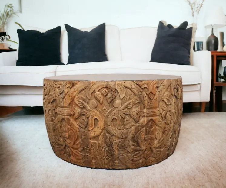 32" White and Natural Iron and Solid Wood Round Drum Coffee Table