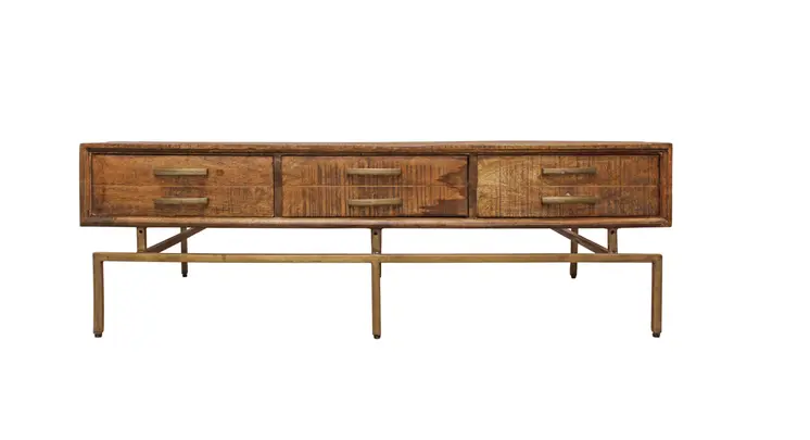 56" Brown and Brass Solid Wood and Iron Distressed Frame Coffee Table With Six Drawers