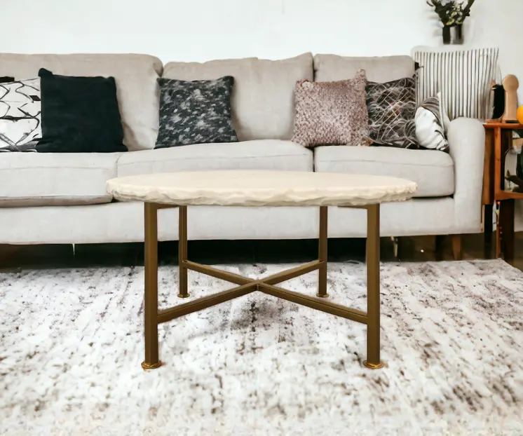 30" Ivory and Brass Genuine Marble and Iron Round Frame Coffee Table