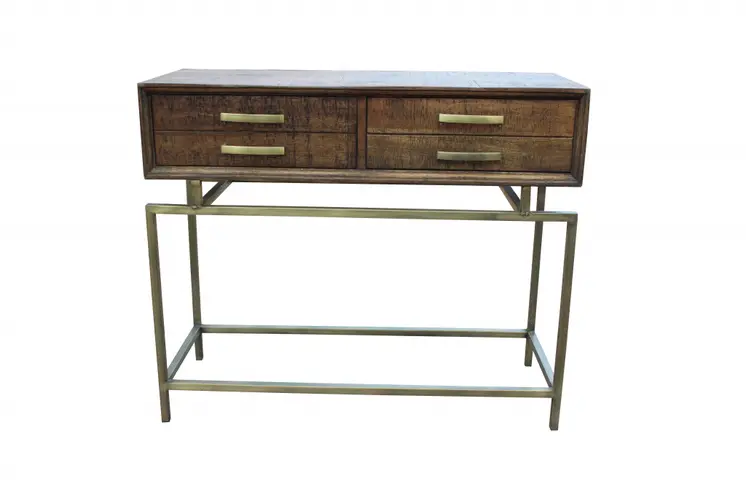 36" Brown and Brass Solid Wood Distressed Frame Console Table With Storage