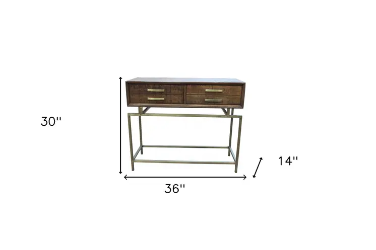 36" Brown and Brass Solid Wood Distressed Frame Console Table With Storage