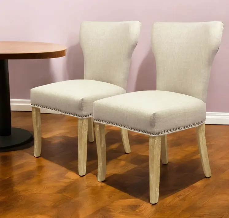 Set of Two Ivory and Natural Upholstered Fabric Dining Parsons Chairs