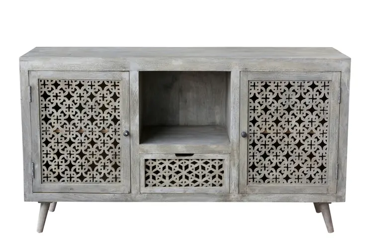 55" Gray Solid Wood Cabinet Enclosed Storage Worn TV Stand