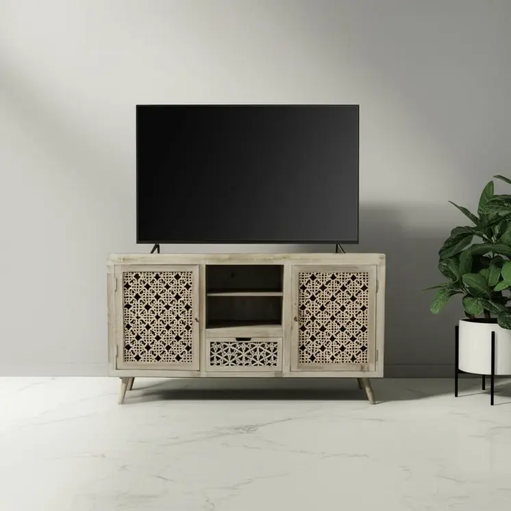 55" Gray Solid Wood Cabinet Enclosed Storage Worn TV Stand
