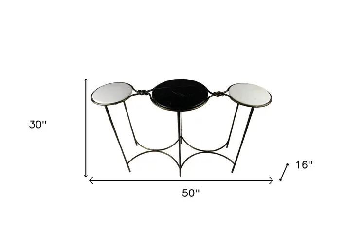 50" Black White And Gold Genuine Marble Round Six Leg Console Table