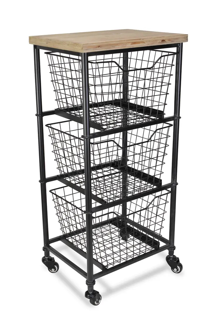32" Black And Natural Metal And Wood Basket Storage Rolling Cabinet