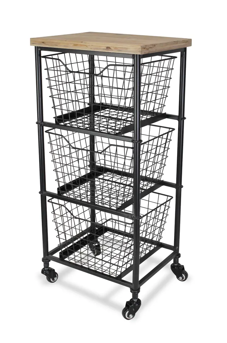 32" Black And Natural Metal And Wood Basket Storage Rolling Cabinet