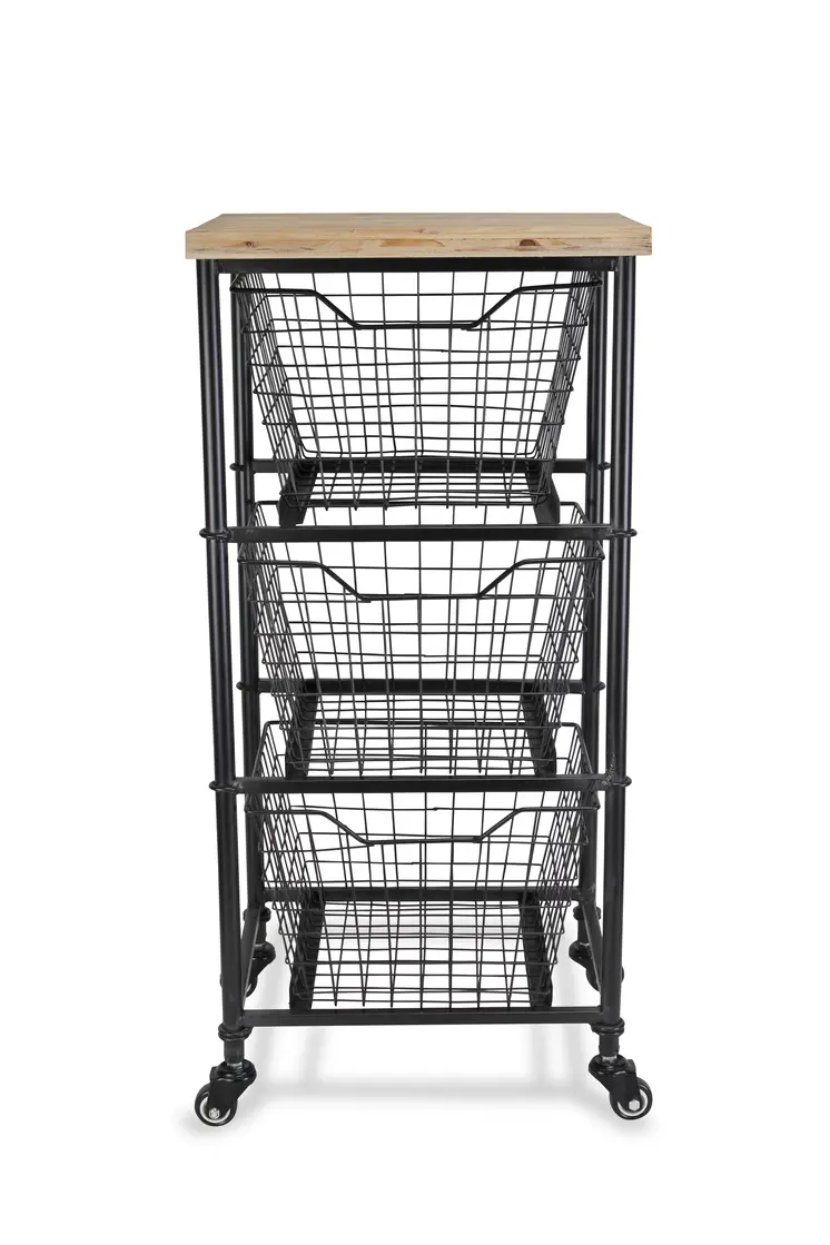 32" Black And Natural Metal And Wood Basket Storage Rolling Cabinet