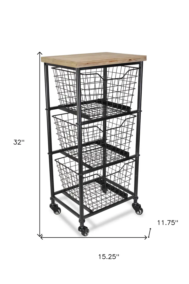 32" Black And Natural Metal And Wood Basket Storage Rolling Cabinet