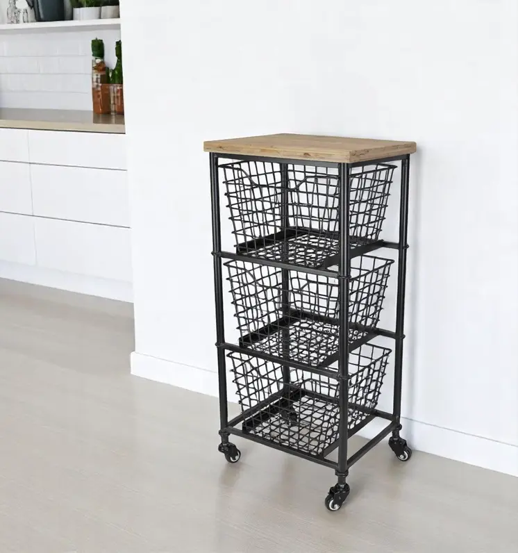 32" Black And Natural Metal And Wood Basket Storage Rolling Cabinet