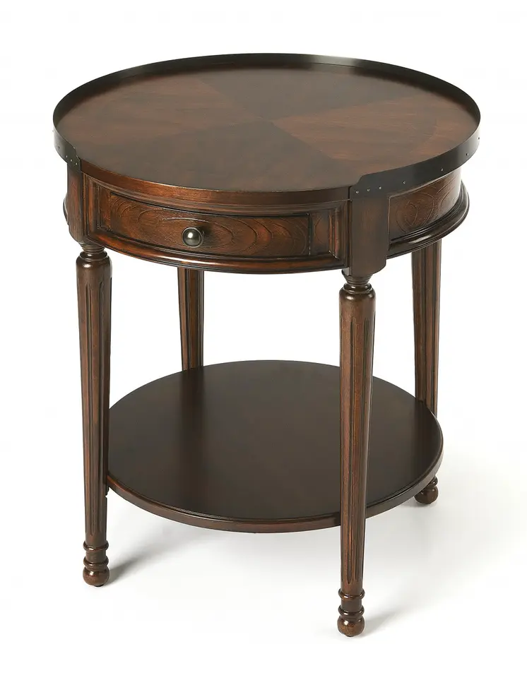 26" Dark Brown Wood Round End Table With Drawer And Shelf
