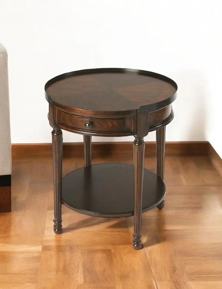 26" Dark Brown Wood Round End Table With Drawer And Shelf