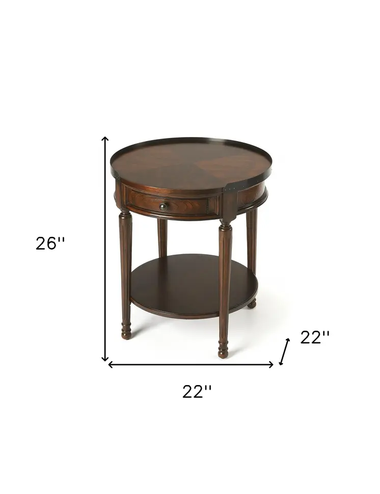 26" Dark Brown Wood Round End Table With Drawer And Shelf