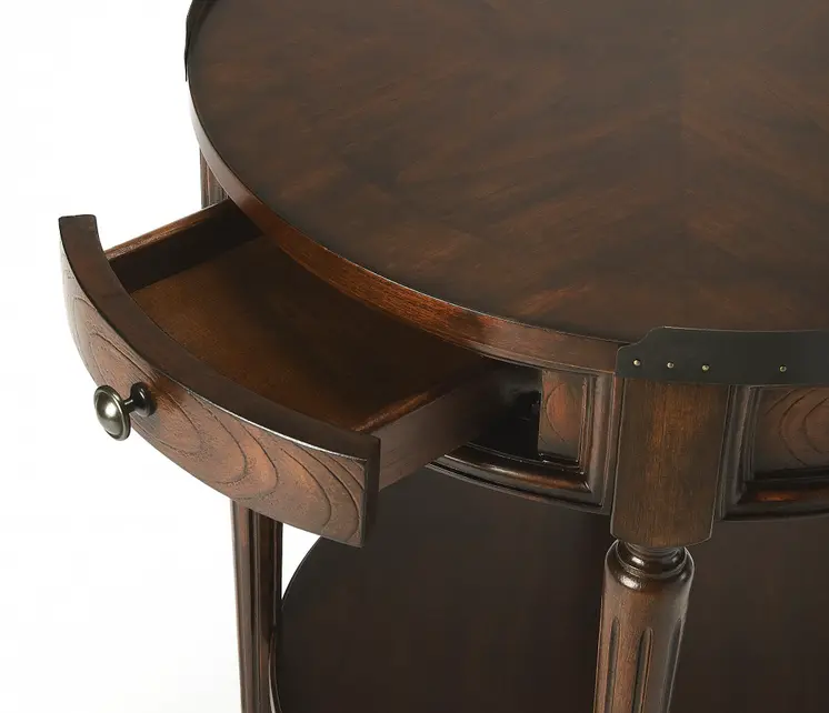 26" Dark Brown Wood Round End Table With Drawer And Shelf