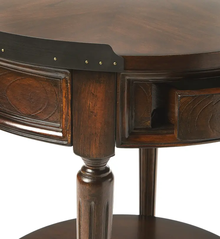 26" Dark Brown Wood Round End Table With Drawer And Shelf