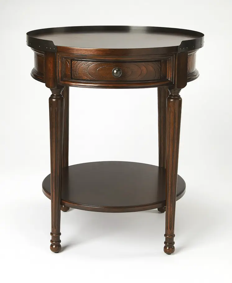 26" Dark Brown Wood Round End Table With Drawer And Shelf