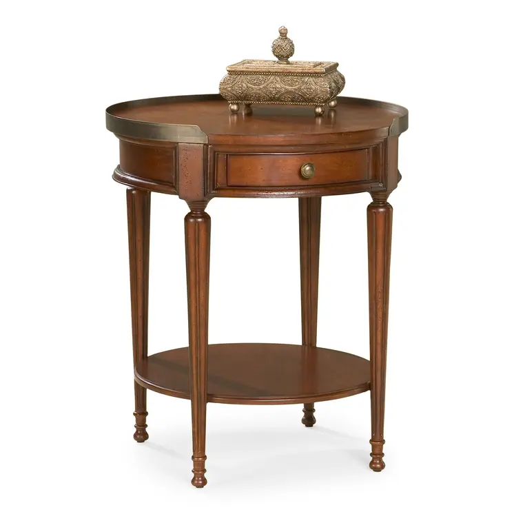 26" Dark Brown Wood Round End Table With Drawer And Shelf