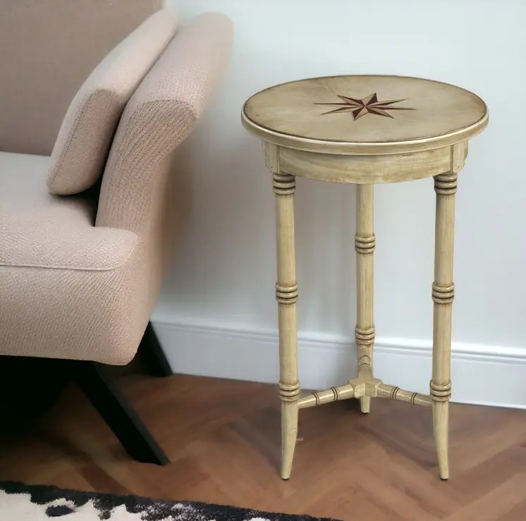 24" Beige Distressed Wood Round End Table