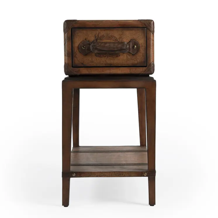 24" Brown Old World Map End Table With Drawer And Shelf
