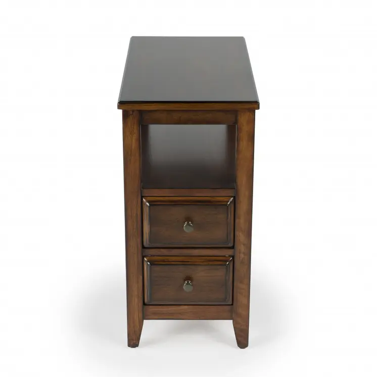 24" Brown Distressed End Table With Two Drawers And Shelf
