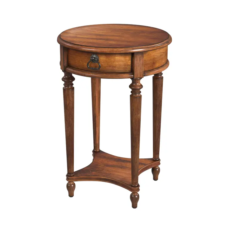 26" Brown Distressed Wood Round End Table With Drawer And Shelf