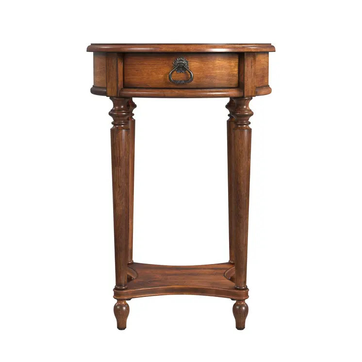 26" Brown Distressed Wood Round End Table With Drawer And Shelf
