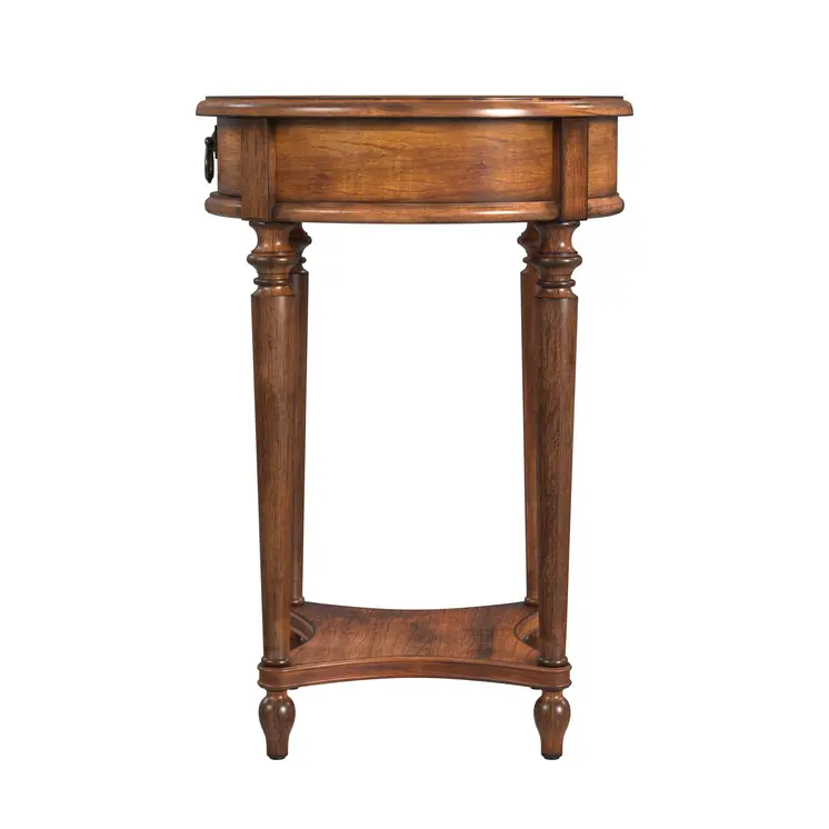26" Brown Distressed Wood Round End Table With Drawer And Shelf