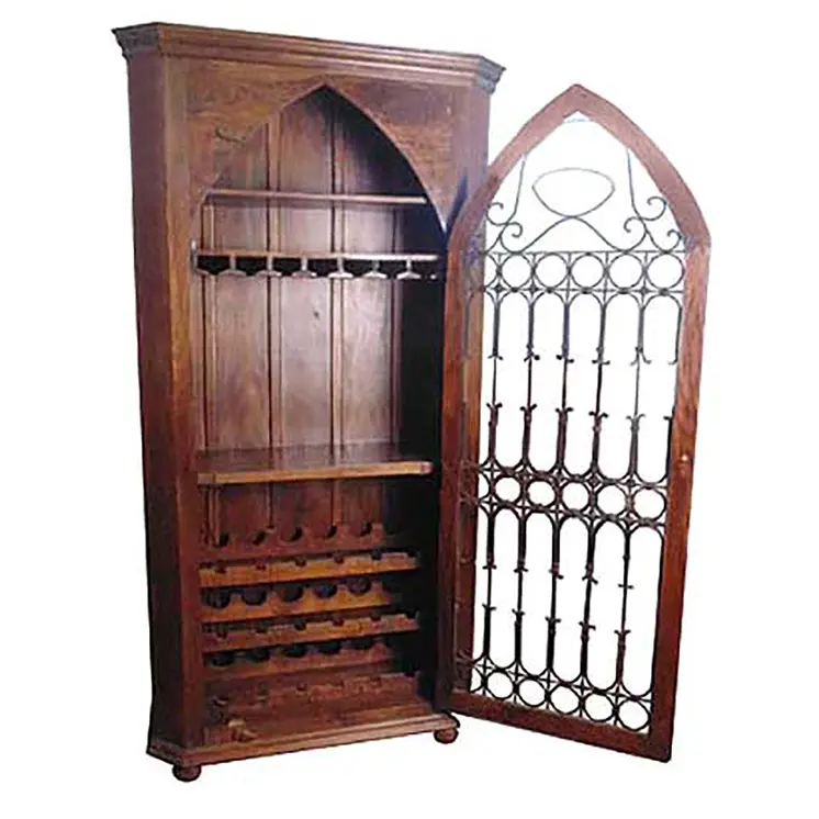 44" Dark Brown Solid Wood And Iron Bar Cabinet With Three Shelves