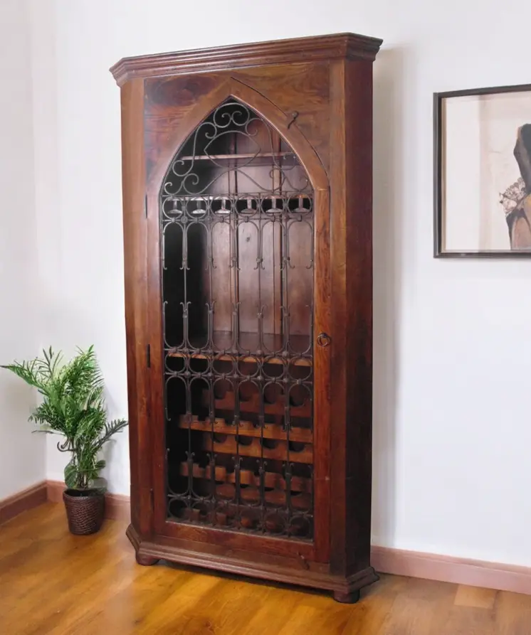 44" Dark Brown Solid Wood And Iron Bar Cabinet With Three Shelves