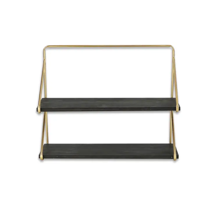 21" Dark Gray And Gold Metal And Wood Wall Mounted Tiered Shelf
