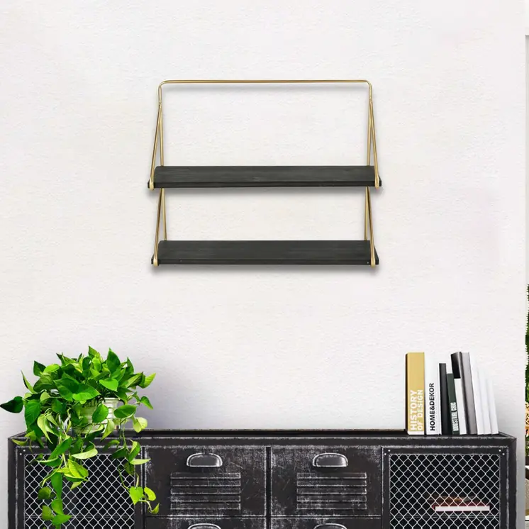 21" Dark Gray And Gold Metal And Wood Wall Mounted Tiered Shelf